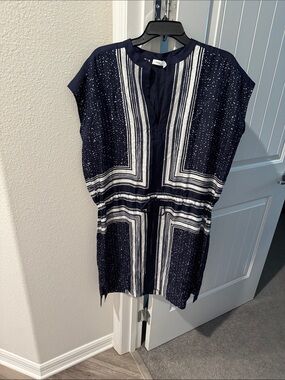 Vince Navy and White Patterned Drawstring Tunic
